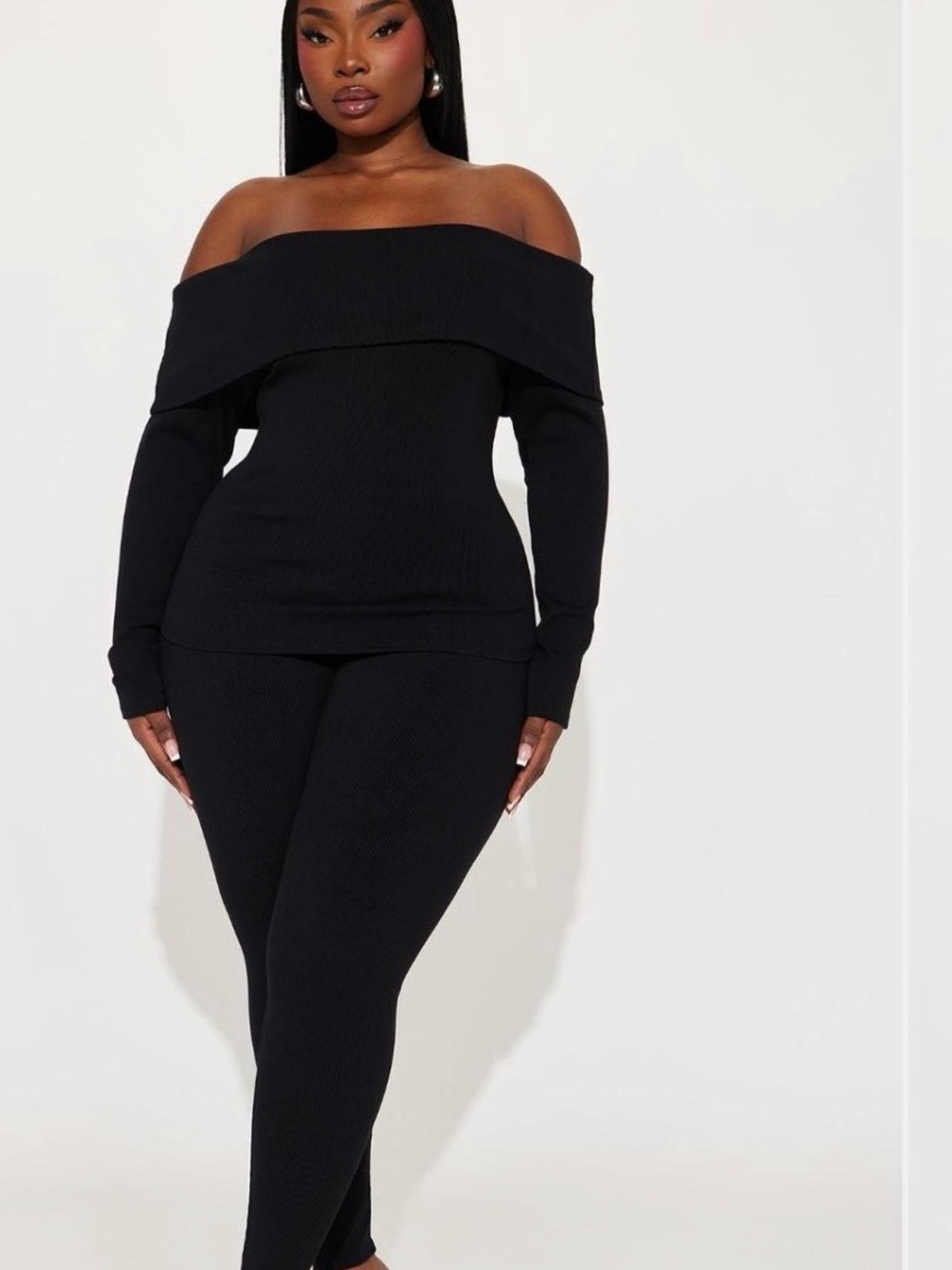 Fashion Nova Black Off-Shoulder Ribbed Leggings Set